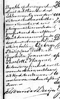 Fotofragment uit de geboorteakte, waarin George Philippus Dietz Theodorus als zoon erkent